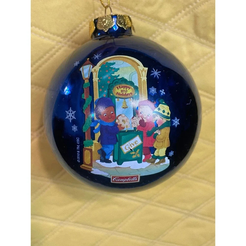 Campbells Soup 2010 Holiday Cobalt Blue Glass Ball Ornament Christmas Children